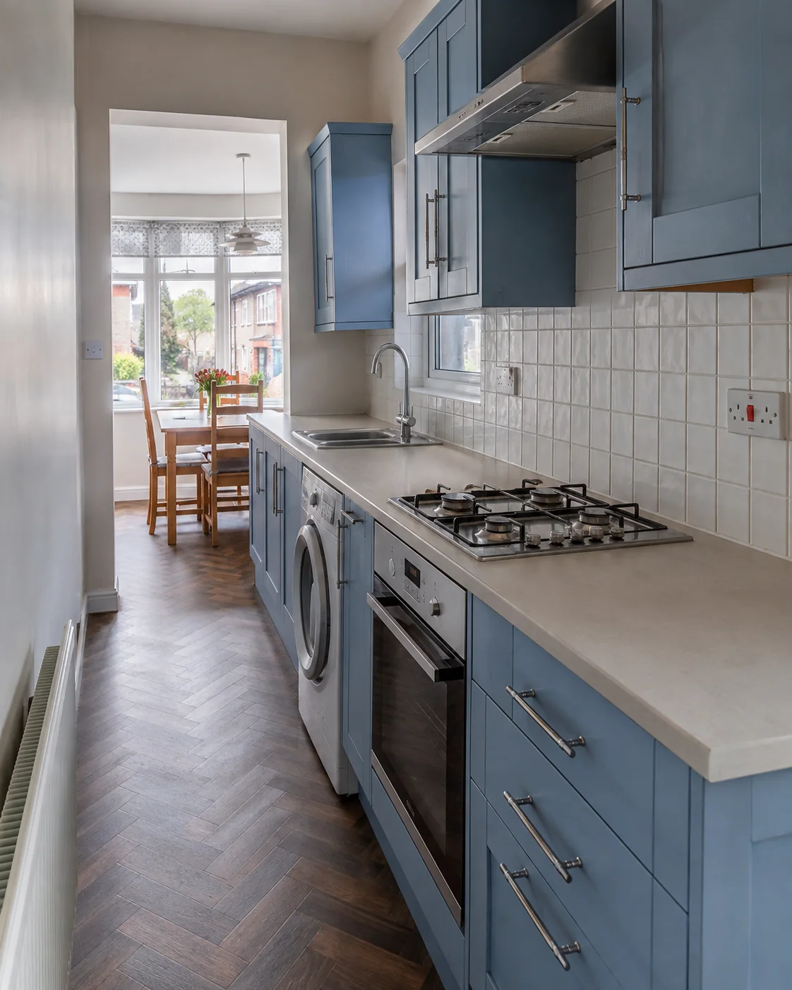 Blue hand painted galley kitchen