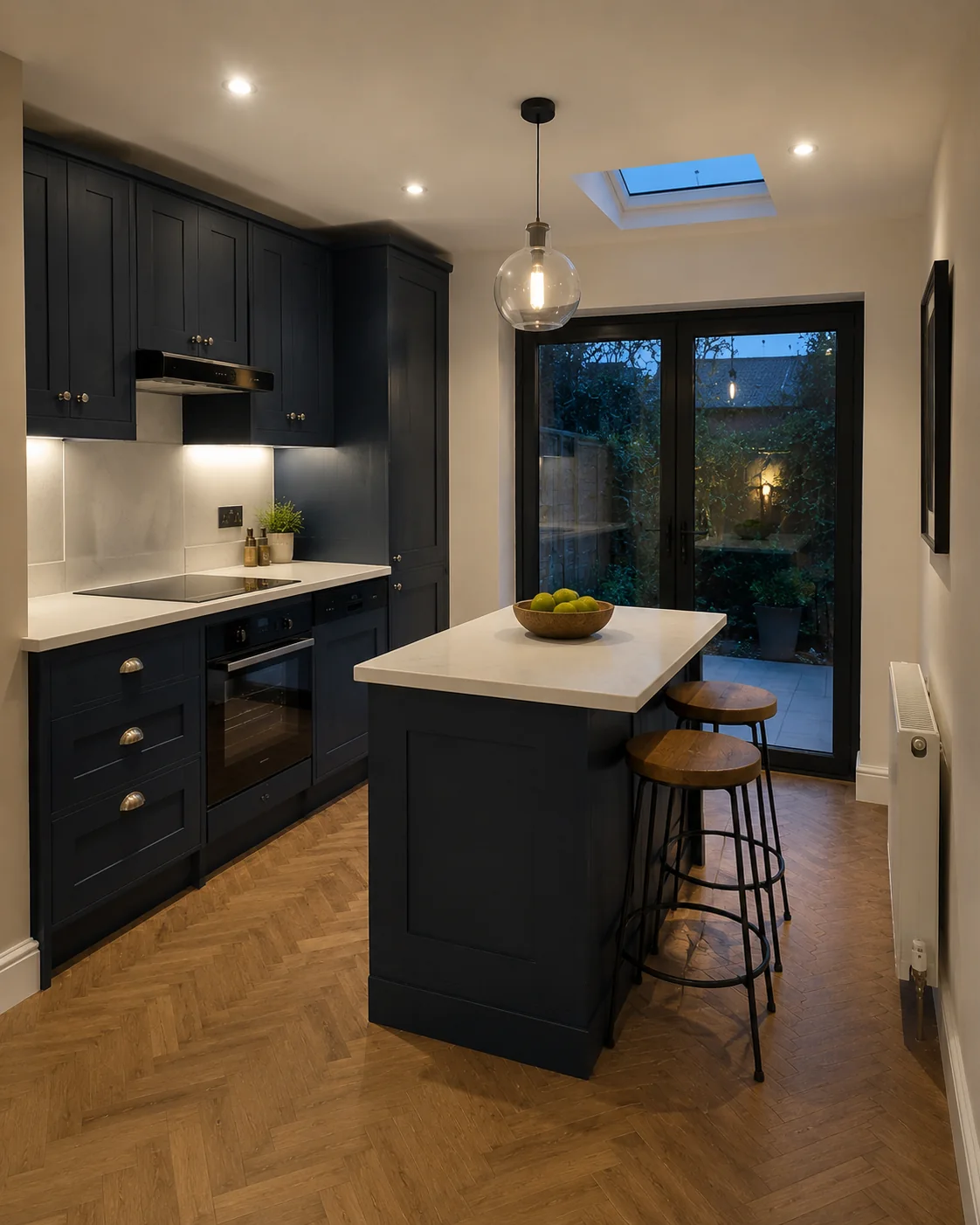 Charcoal shaker kitchen with island and herringbone floor
