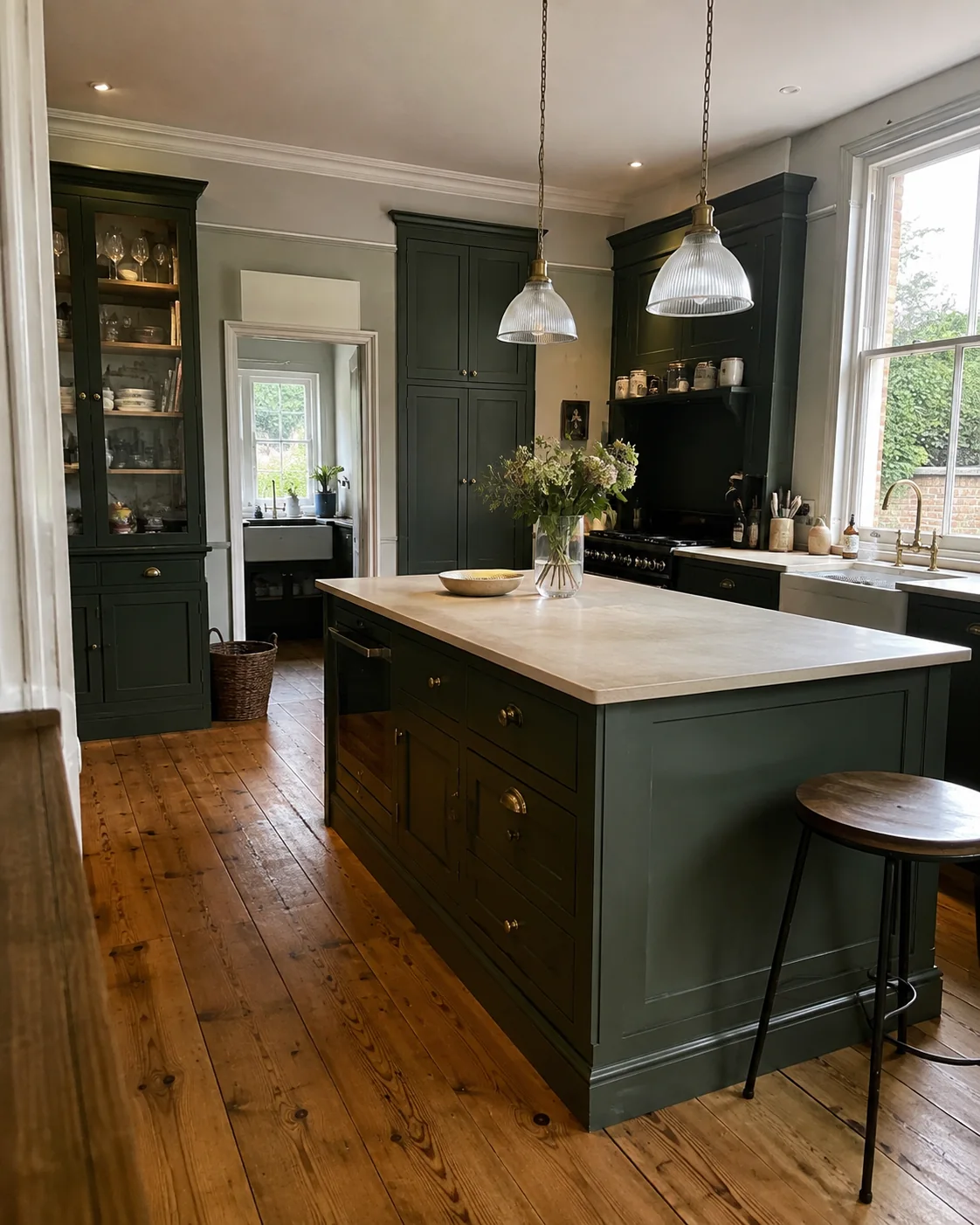 Deep green kitchen island with brass pendants