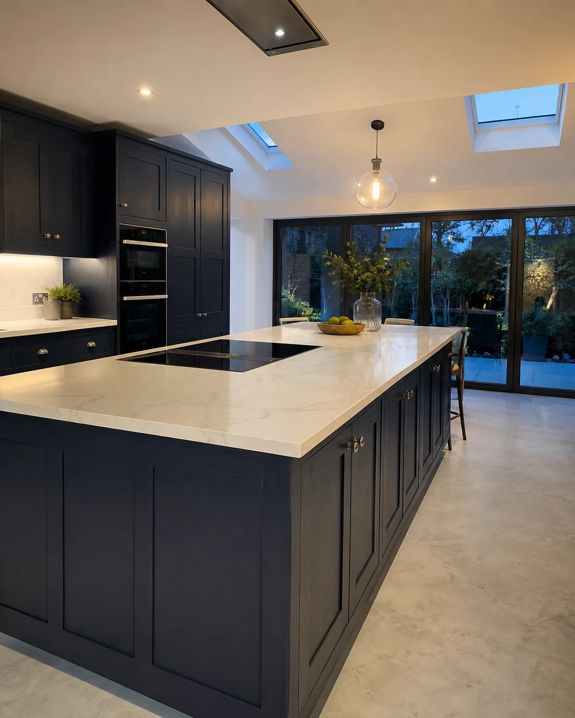 Graphite kitchen with large marble topped island