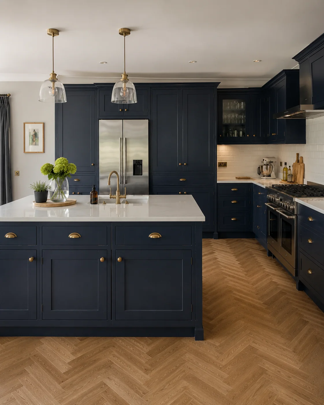 Navy hand painted shaker kitchen with brass cup handles