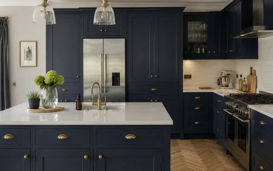 Navy hand painted shaker kitchen with brass handles by J&F Decor