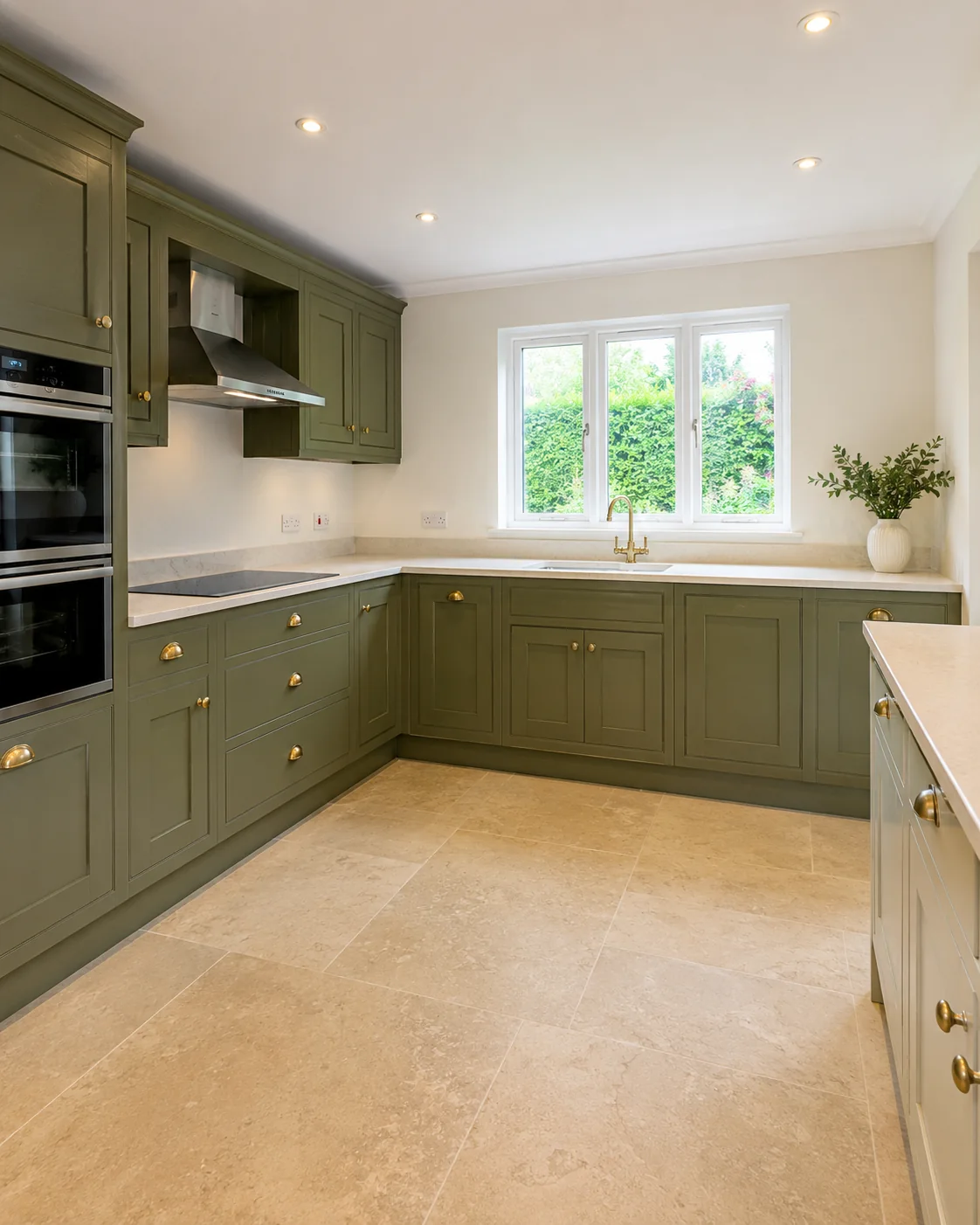 Olive green shaker kitchen with brass handles