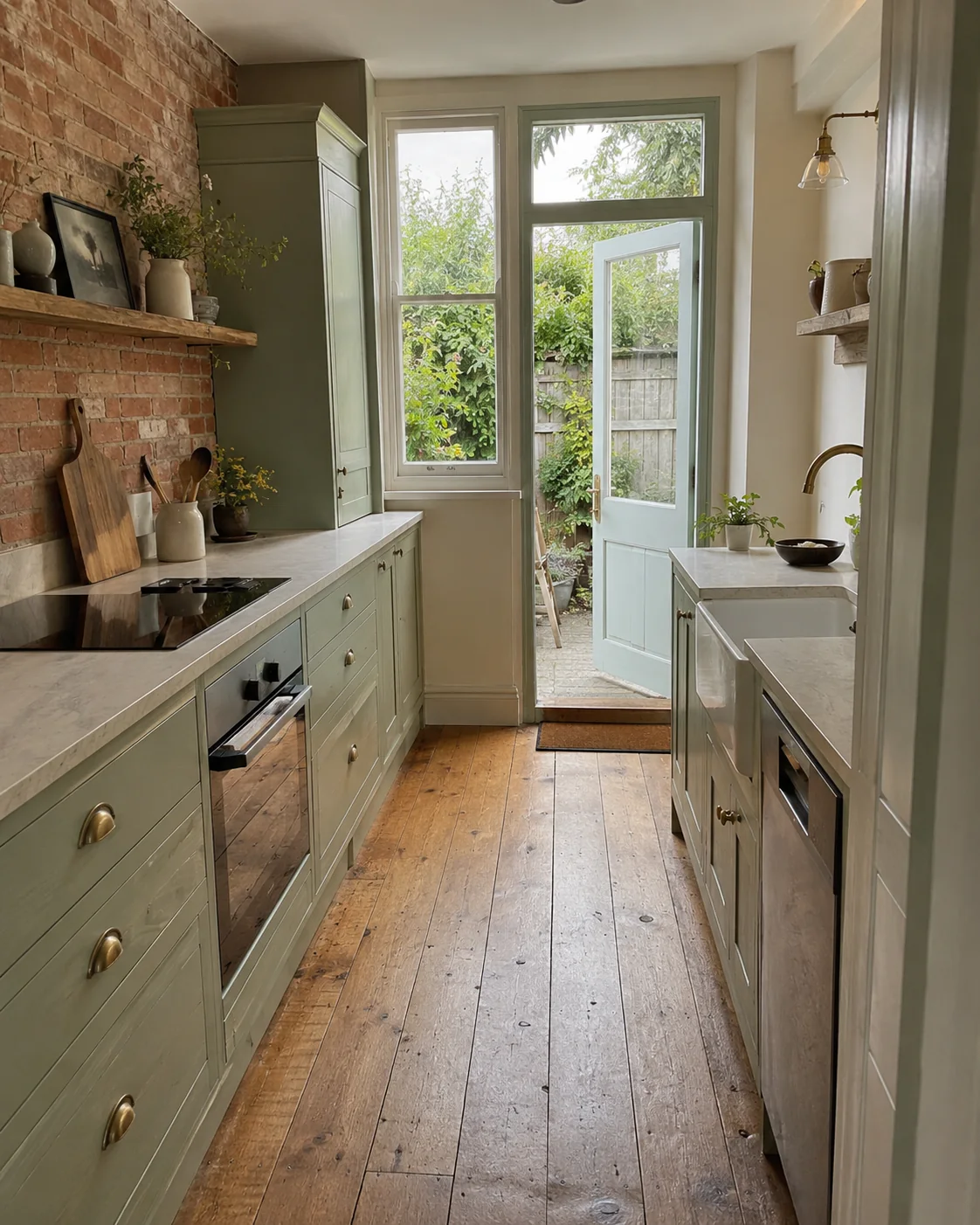 Sage green galley kitchen with exposed brick